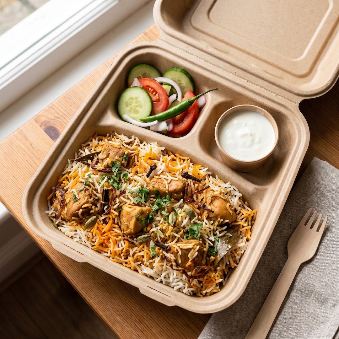 Chicken biryani with yoghurt and salad