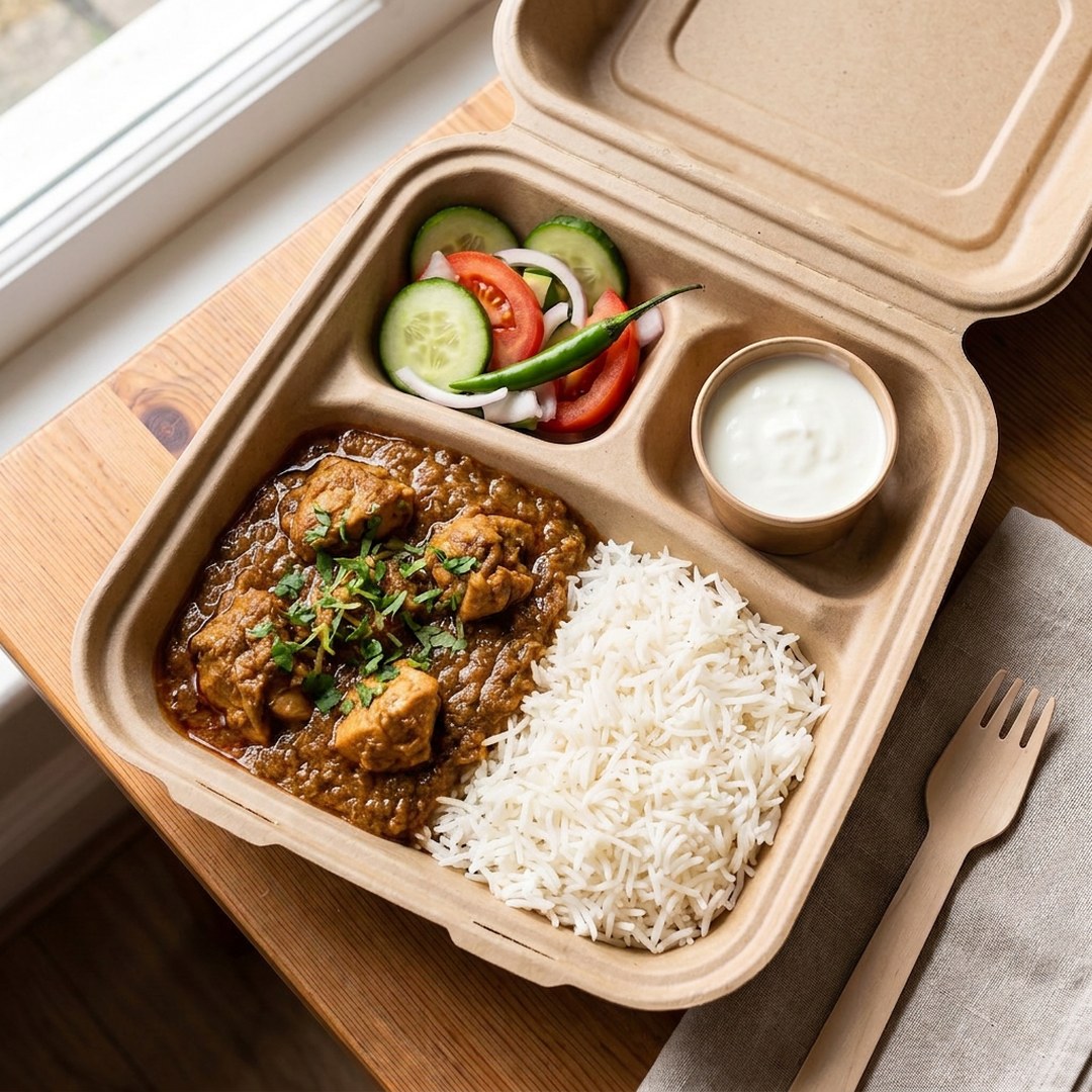 Chicken curry with white rice, salad and yoghurt