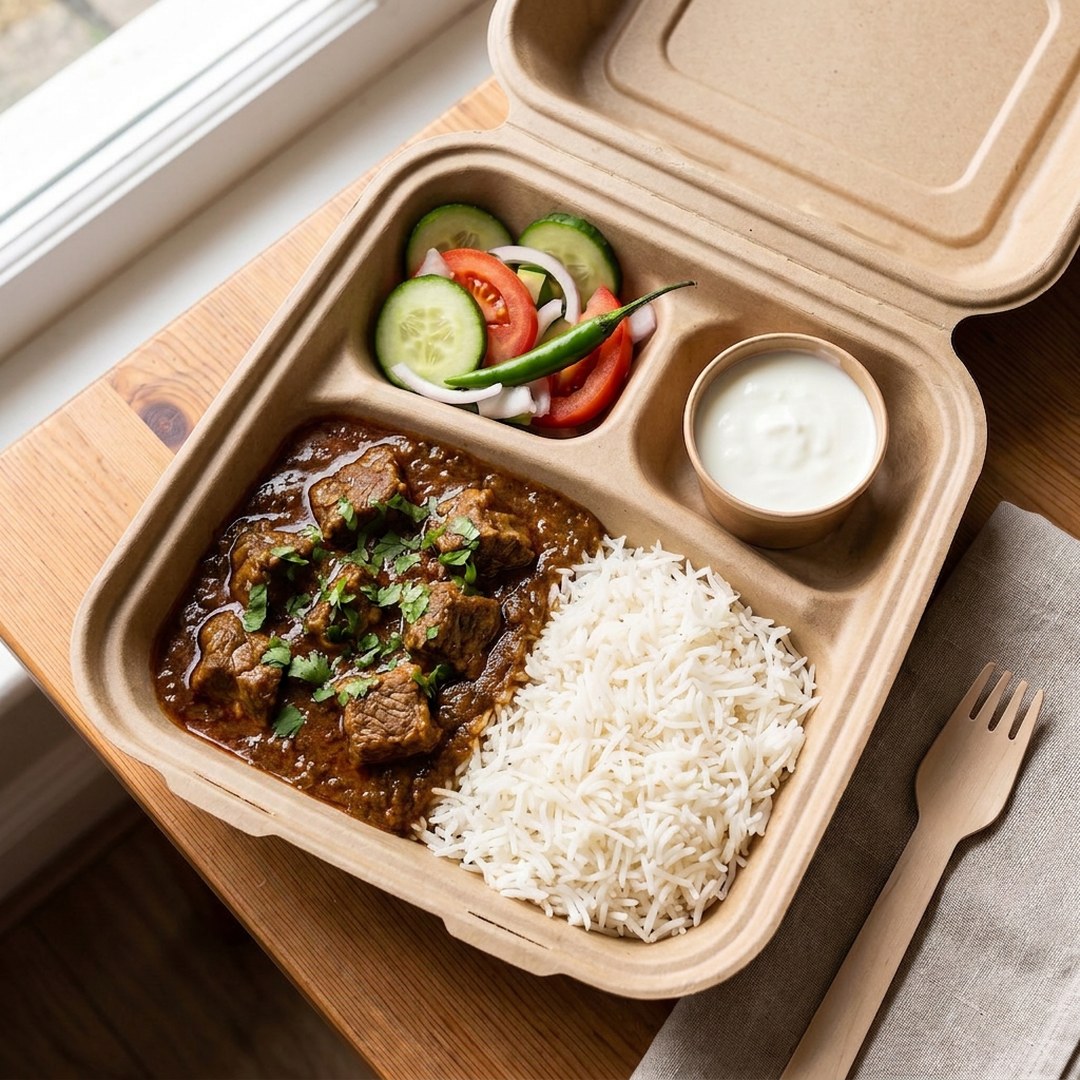 Lamb curry with white rice, salad and yoghurt