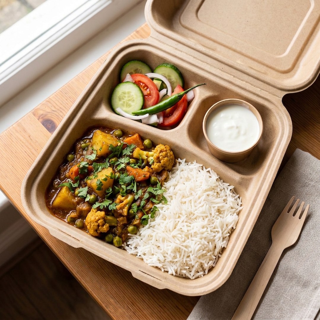 Vegetable curry with white rice, salad and yoghurt